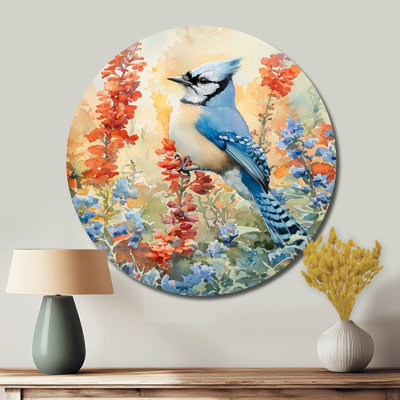 «Blue Jay In The Summer Garden I», reproduction d'art moderne en métal bleu, oiseau rond, art mural en métal
