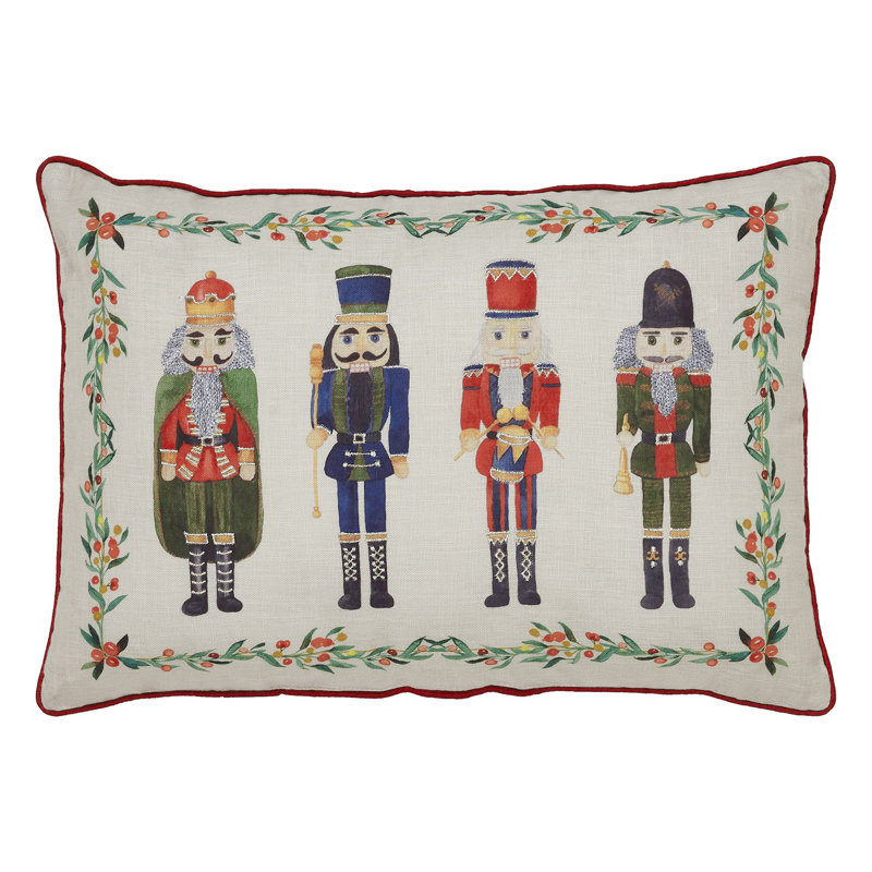 Coussin brodé cerf et pin 18, Crème / vert / rouge