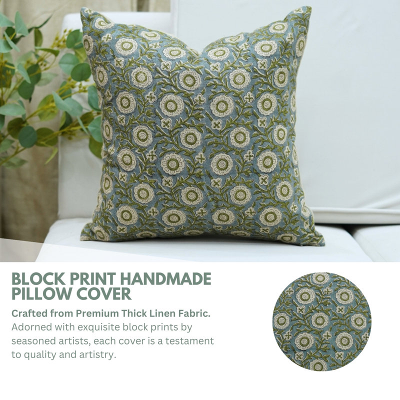 Fabdivine Pillow Cover Handmade Block Print Cushion-Sun Flower, Green Block Print/Floral 1, Rectangular 36"H x 14"W
