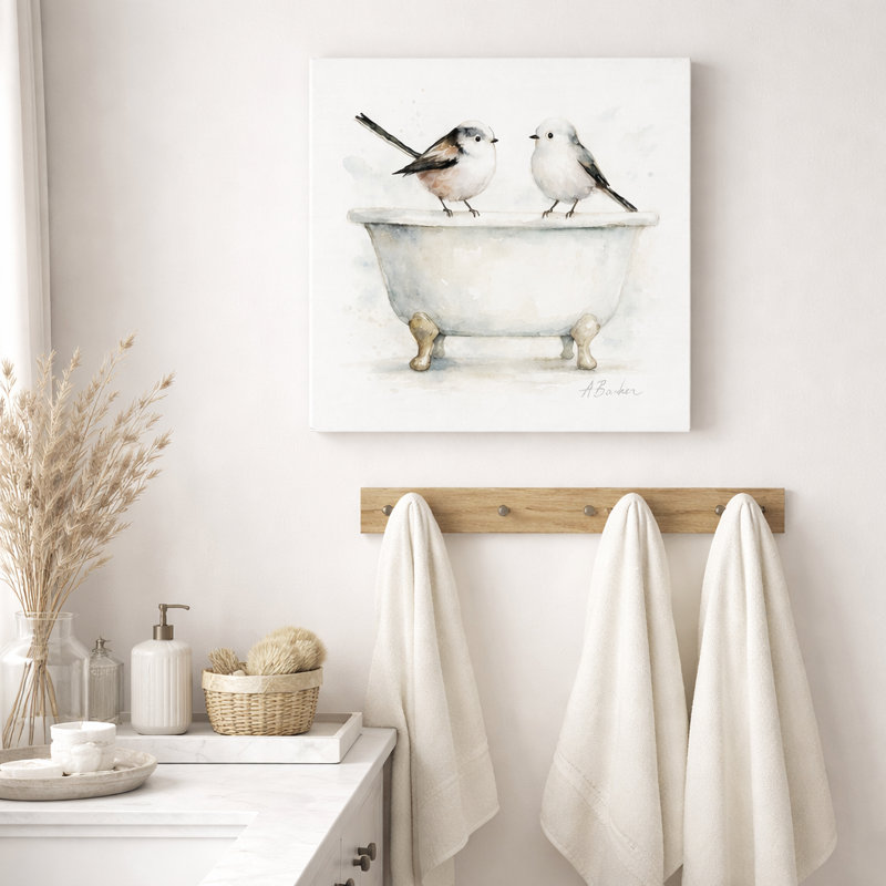 Reproduction sur toile tendue, "Tweeter & Tidy - Bath Time Birds", H 20 po x l 20 po