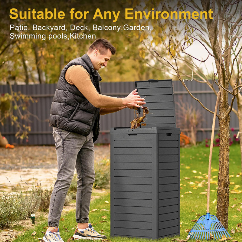 31 Gallon Outdoor Trash Can with Tiered Lid & Drip Tray, Waterproof Resin Waste Bin, Durable Lightweight Garbage Container for Patio, Kitchen, Backyard & Office