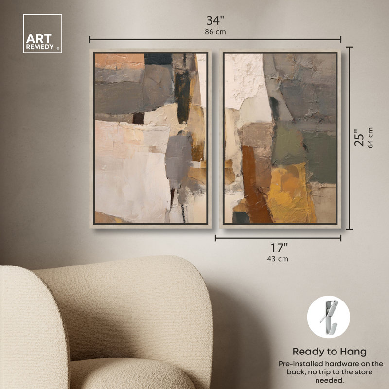 «Natural Patchwork Plains Duo», ensemble de décorations murales Boho par Art Remedy, cadre en chêne naturel, 16 x 24