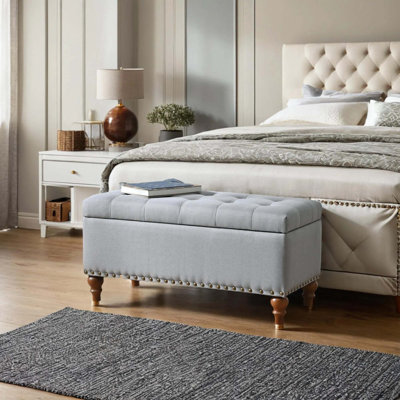 Ottoman Storage Bench With Rivet Trim Decoration &Recessed Support Hinge Top