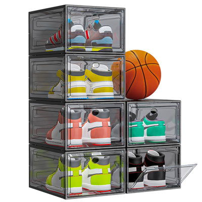 Thicken & Sturdy Clear Shoe Storage Organizer With Magnetic Door, Stackable Boxes For Closet, Foldable Space-Saving Shoe Rack, 6 Pack