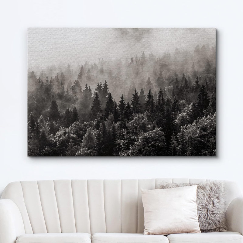 Paysage de forêt boisée, forêt brumeuse en noir et blanc, Toile tendue, H 32 po x l 48 po x P 1,5 po