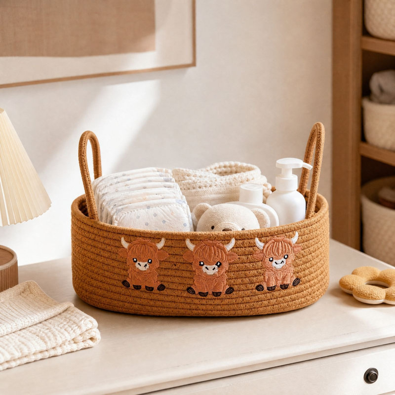 Boîtes de rangement, panier vache mignon pour chambre d'enfant, petit panier cadeau de naissance, organisateur de rangement rond en corde tressée pour couverture avec poignées et oreilles, rangement pour couverture et serviette décorative