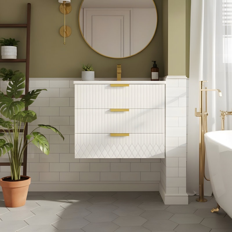 Meuble-lavabo mural 24 po avec lavabo en céramique et 2 tiroirs 24 po Modern, Blanc
