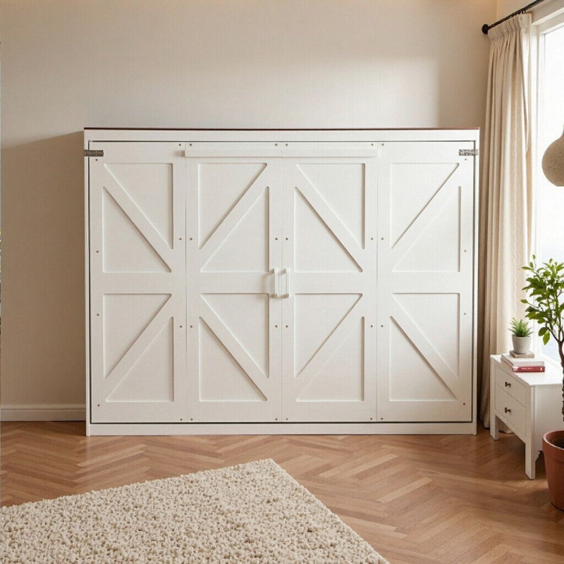 Grand lit escamotable élégant avec ports USB - Mobilier de chambre à coucher blanc compact, Blanc / Gris