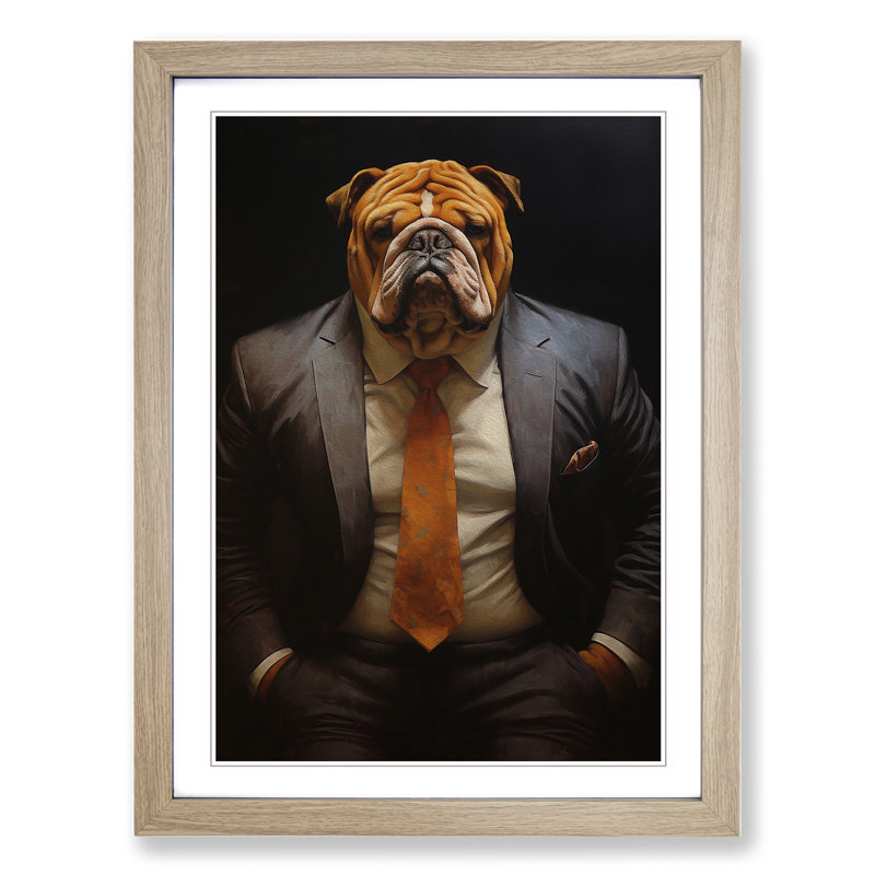 British Bulldog in a Suit Painting - Framed Print, 46cm H x 34cm W x 2cm D, Oak Framed