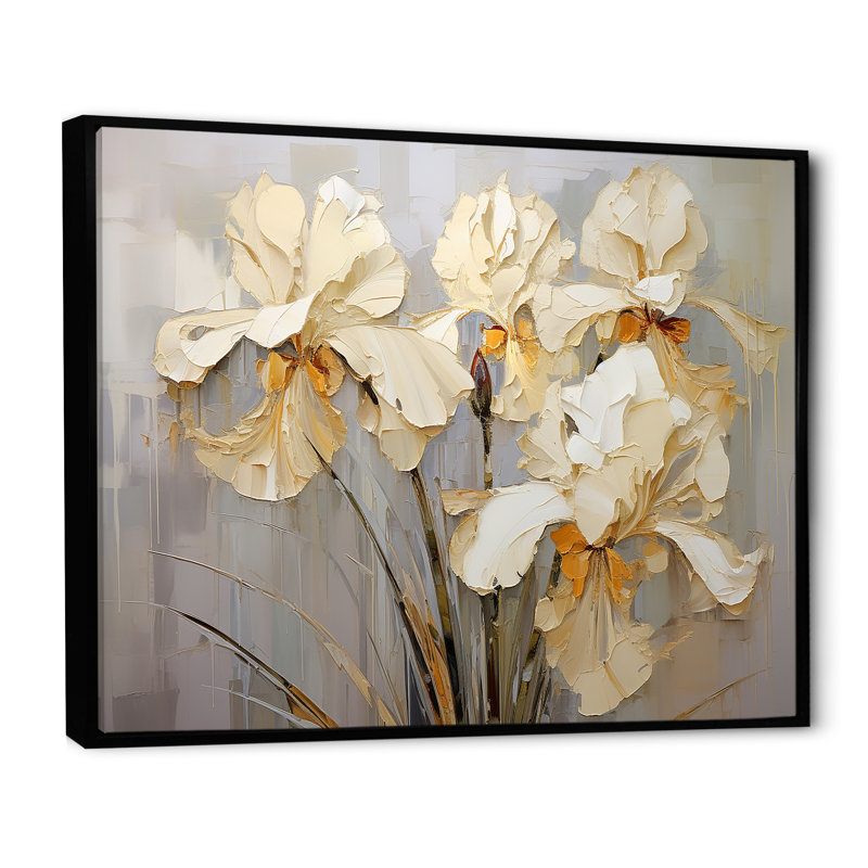 Golden Serenade of Irises sur toile, H 34 po x l 44 po x P 1,5 po, Cadre flottant noir