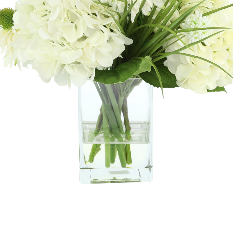 White Allium, Hydrangea, Snap Dragon, Daisy With Lavender In Glass Vase With Acrylic Water