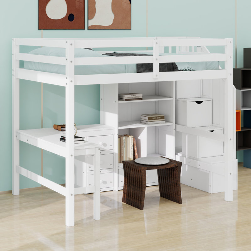 Lit mezzanine avec bureau en L et tiroirs, armoire et escalier de rangement