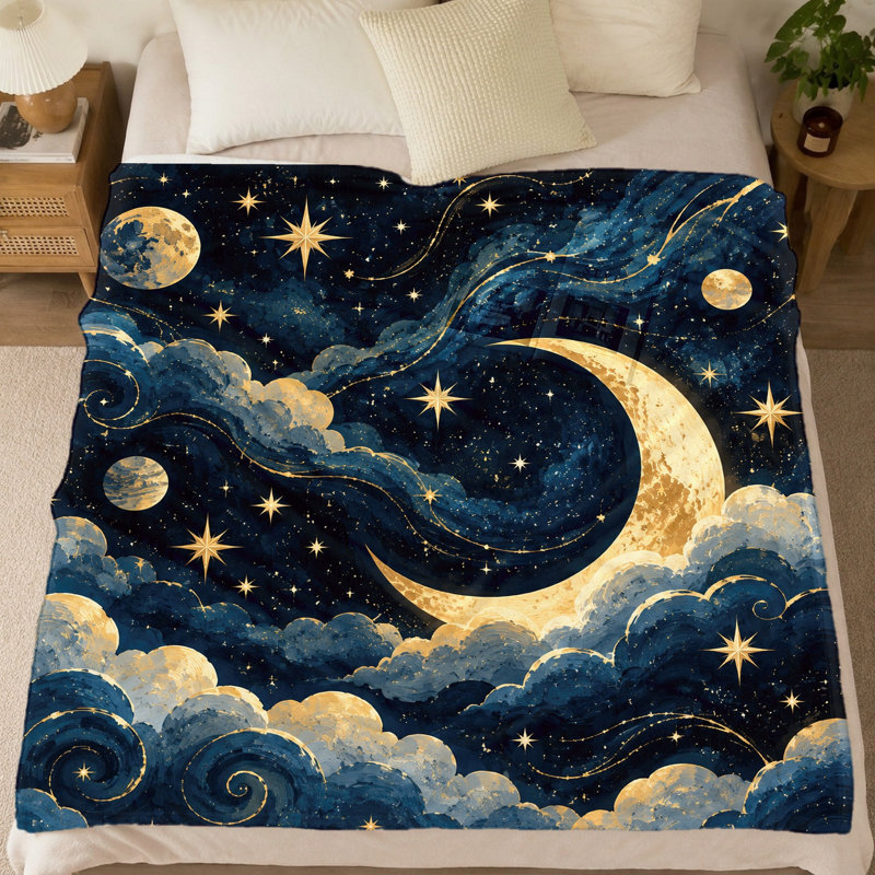 1Pcs Celestial Moon & Star Print Blanket – Artistic Design, Cozy Comfort, Ideal for Bedroom Sanctuary, Decorative Accent;Perfect All SeasonsGreat Gifting Bedding and sofa items