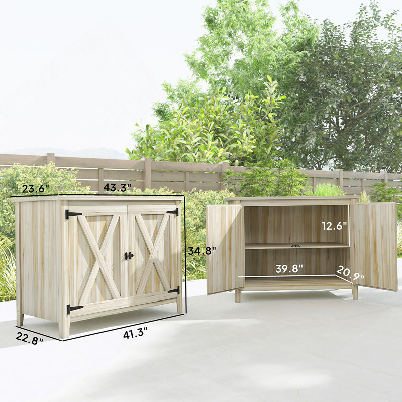 Armoire de rangement extérieure en bois avec tablette et portes doubles, Naturel