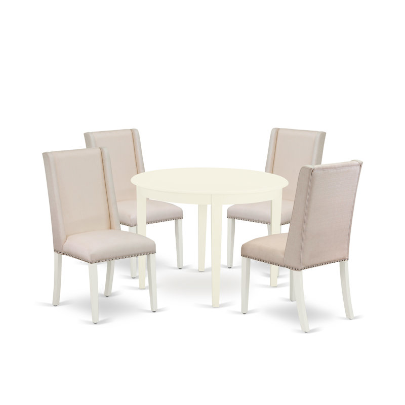 5 Piece Dinette Set for 4 Includes a Round Kitchen Table and 4 Cream Linen Fabric Parson Dining Room Chairs, Linen White