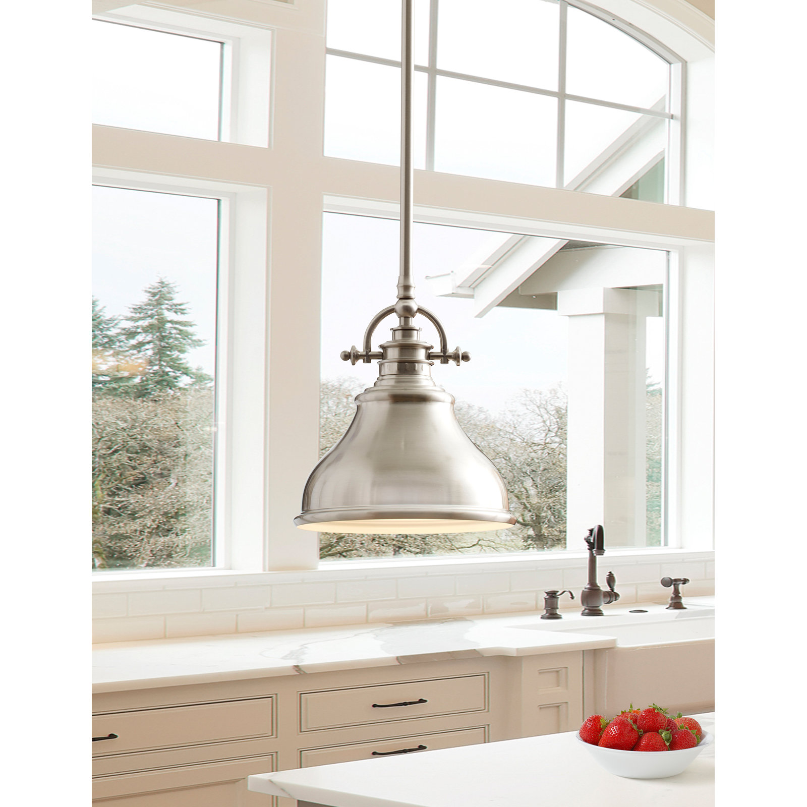 Single Light Metal Dimmable Pendant, Brushed Nickel, 9" H x 8" W x 8" D