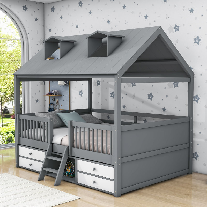Lit mezzanine en bois avec 4 tiroirs et toit Milinocket, Double, gris