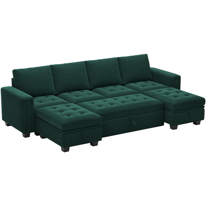 Velvet Sectional Sofa Bed Sleeper, Green Velvet