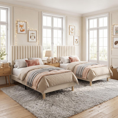Ensemble de 2 cadres de lit simples, cadre de lit plateforme grand avec tête de lit ajustable capitonnée à canal vertical, support de lattes en bois robuste, pas de sommier requis, assemblage facile, beige