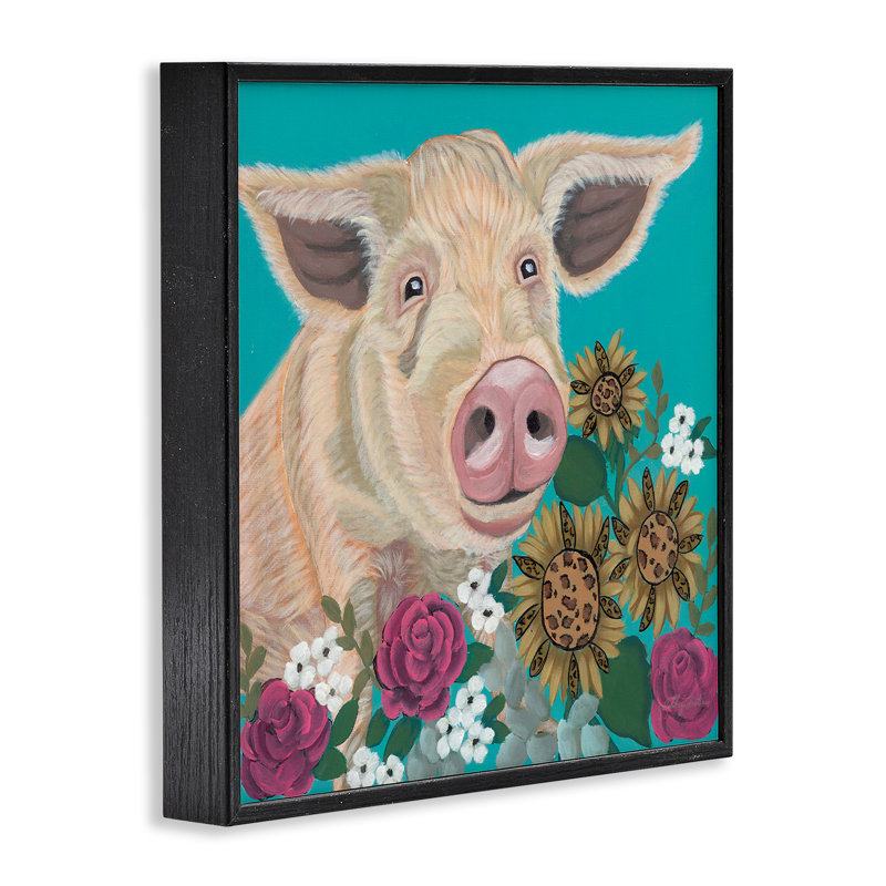 Portrait de cochon avec fleurs mauves, estampe numérique, design par Ashley Justice, Giclée encadrée noir minuit
