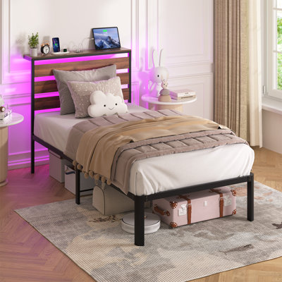 Twin Bed Frame with Lighting and Charging Headboard