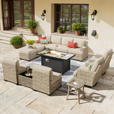 14- Person Rattan Outdoor Seating Group With Swivel Rockers and Fire Pit Table
