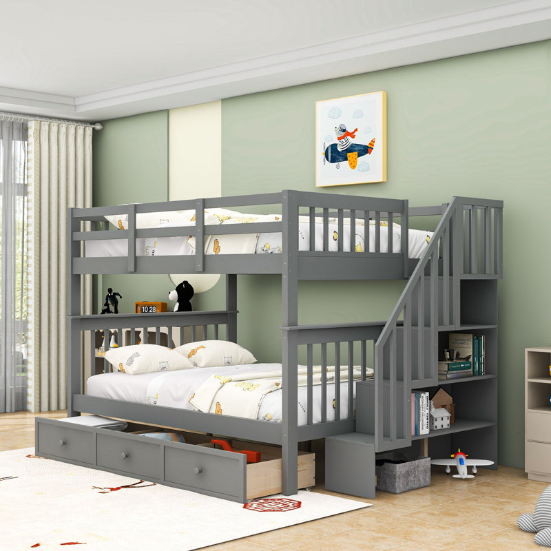 Lit superposé double en bois avec rangement, gris