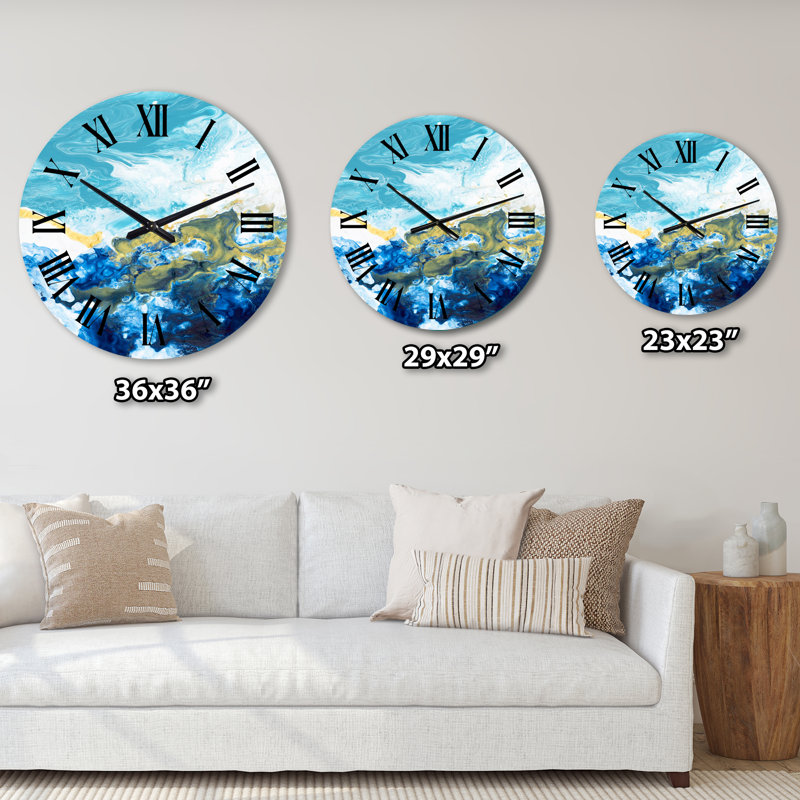 Horloge murale moderne bleu et blanc liquide Art Waves IV, Moyen