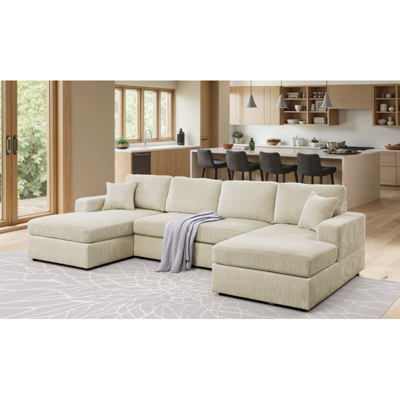 Double-Chaise Corduroy U-Shaped Sectional Sofa, Beige
