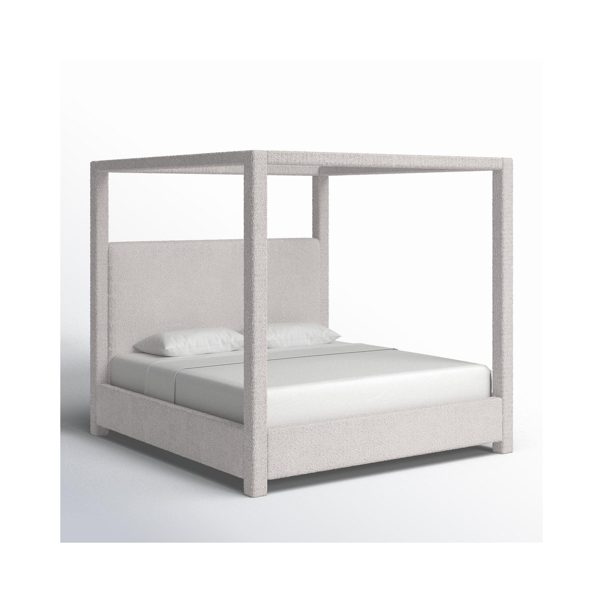 Upholstered Canopy Bed, King, Cream Boucle Fabric