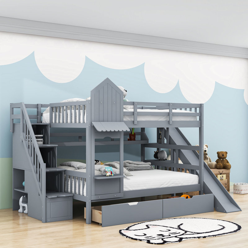 Lit superposé pour enfants Hayyaan avec 2 tiroirs, tablettes et glissoire, Double sur double, gris