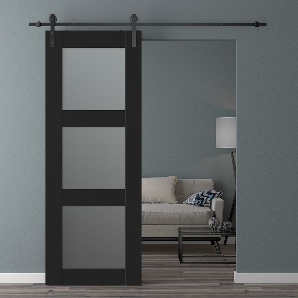 Avon 3 Lite Manufactured Wood and 3-Lite Frosted Glass Barn Door with Hardware Kit Belldinni 