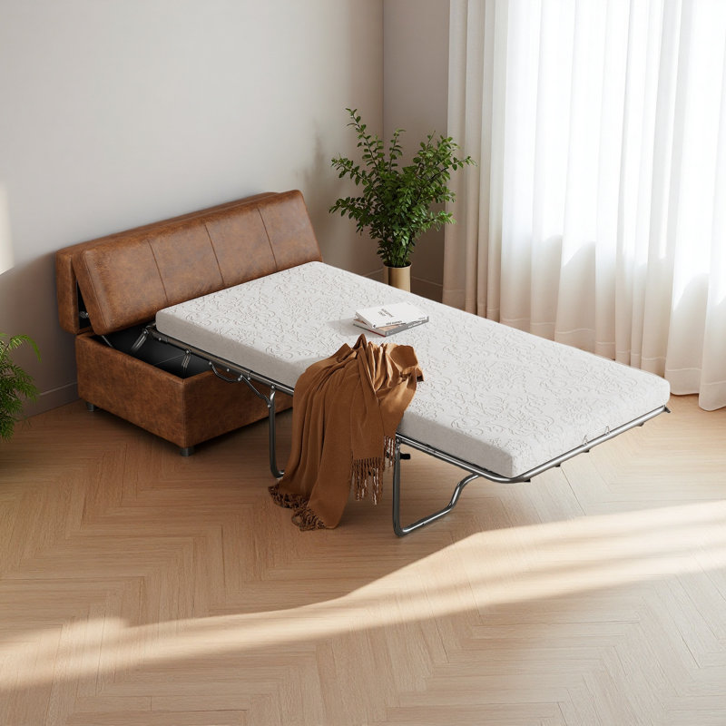 Lit simple escamotable avec repose-pieds et matelas, Brun
