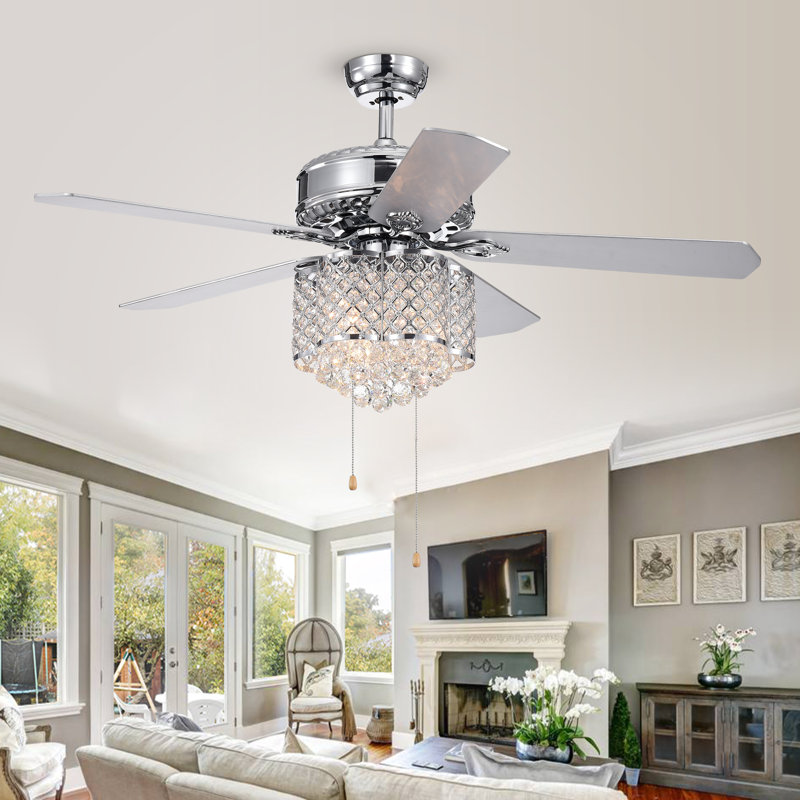 52'' 52 Blade Ceiling Fan with Pull Chain/Remote Control and Light Kit Included, Chrome avec pales de finition argent