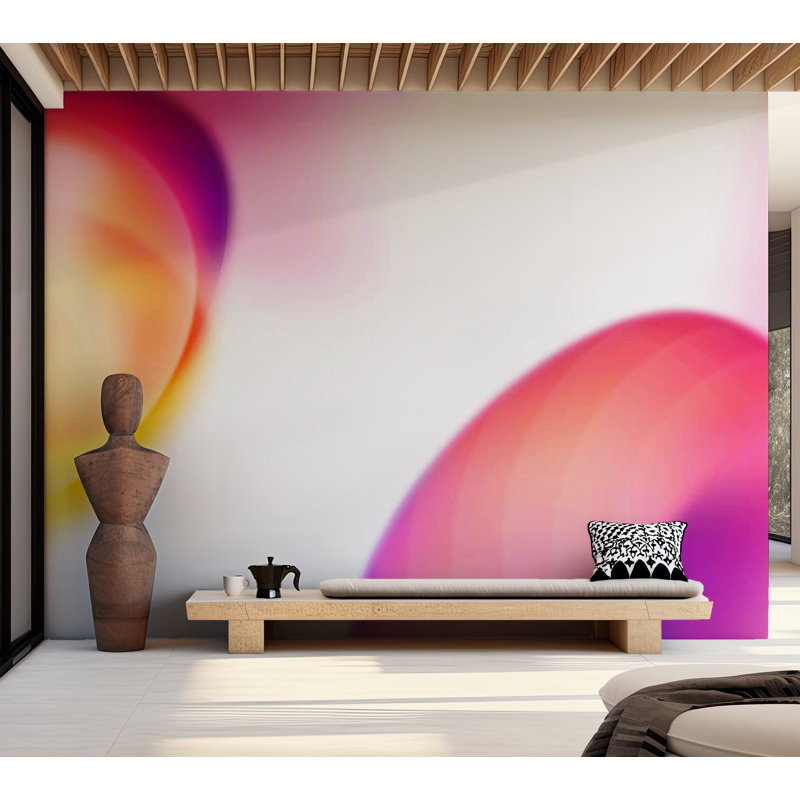 Murale abstraite pelez et collez - formes juteuses jaune et rose, L 100 po x l 135 po