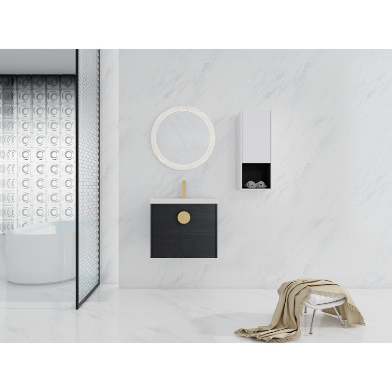 Meuble-lavabo moderne avec lavabo en céramique et armoire de rangement latérale - Étagère murale de 61 cm (24 po) en châtaignier noir