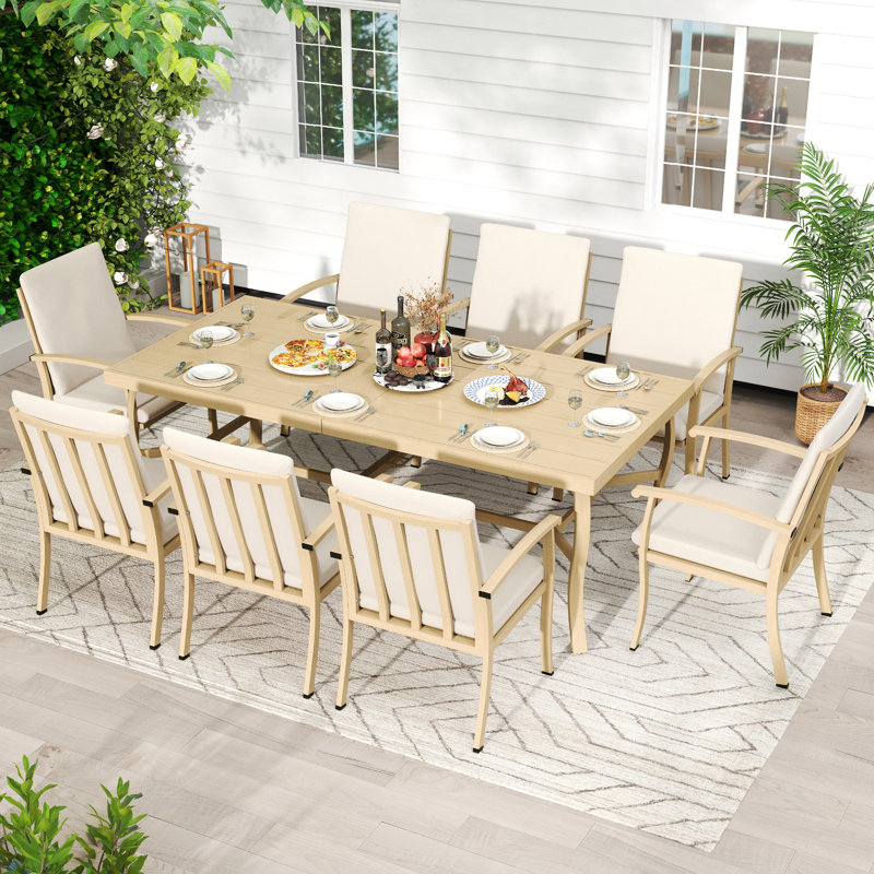 Whittlesey Rectangular Aluminum Dining Set with Cushions, Beige, 8