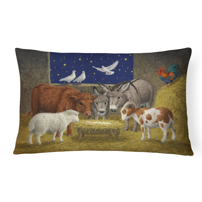  Animals at Crib Nativity Christmas Scene Fabric Indoor/Outdoor Throw Pillow