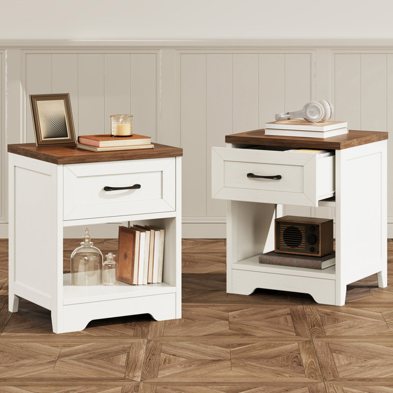 Farmhouse Nightstands With Spacious Open Shelf，bedside Tables With Wooden Drawer，rustic Wood Accent End Tables With Stable Structure（set Of 2）