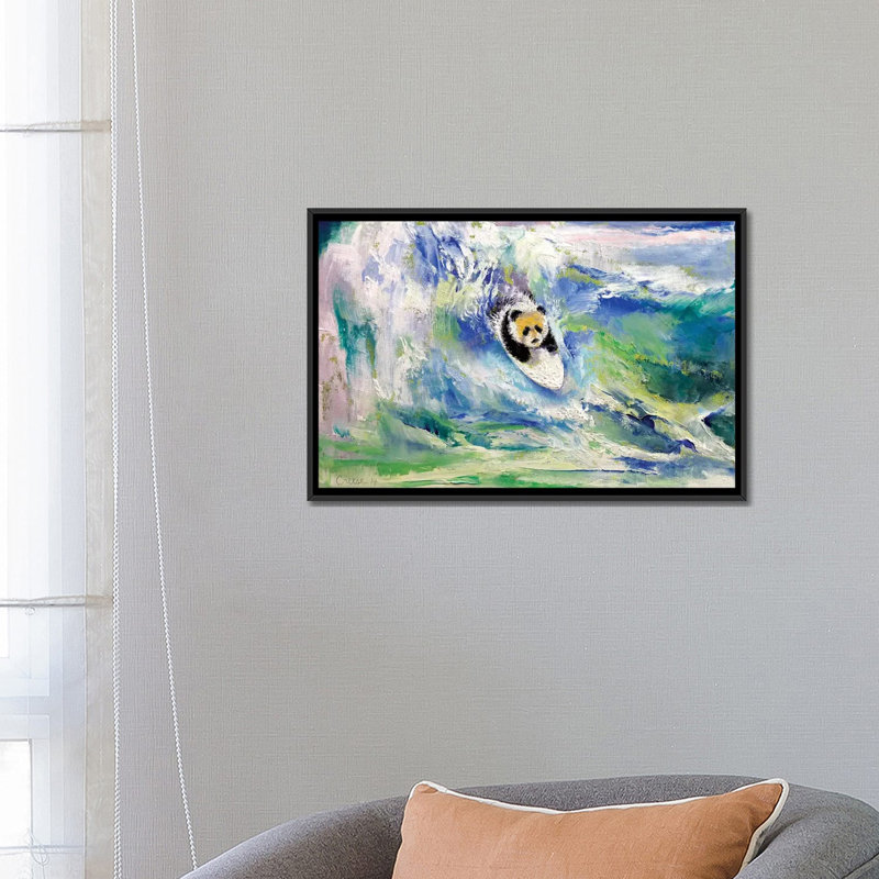 « panda surfer », peinture sur toile tendue, H 18 po x l 26 po x P 1,5 po, Toile tendue, Pas de tapis