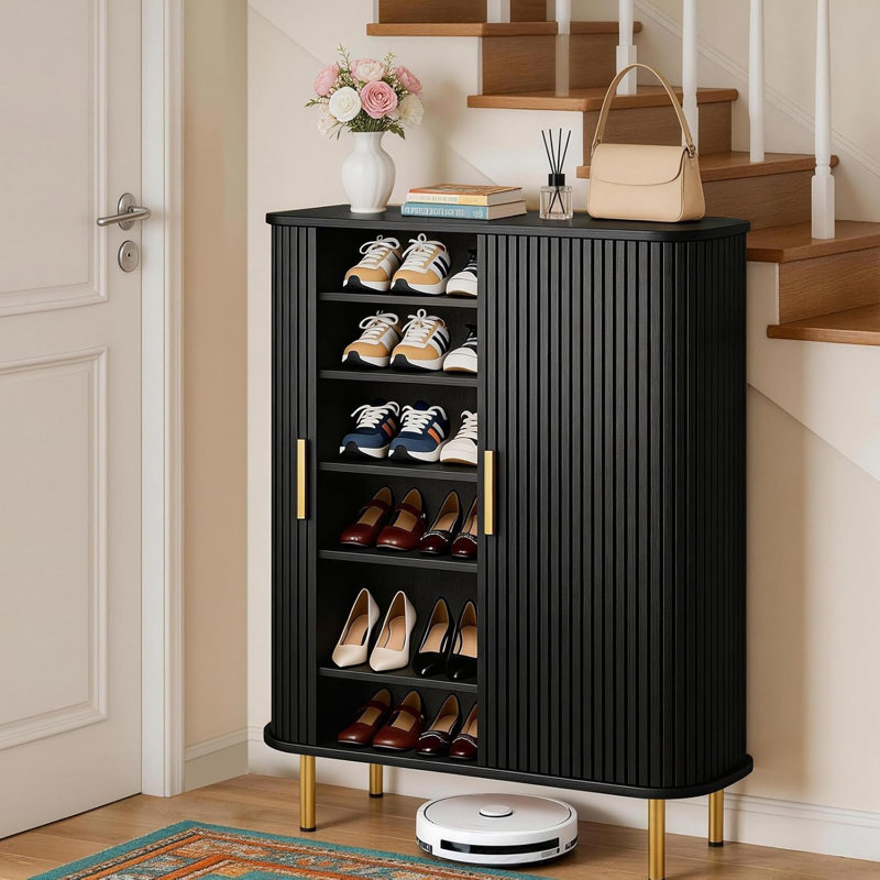 24 Pair Shoe Storage Cabinet, 31.5 Inch 6-Tier Shoe Cabinet with Adjustable Shelves & Sliding Doors, Mid-Century Modern Freestanding Shoe Storage Organizer for Entryway, Hallway, Living Room