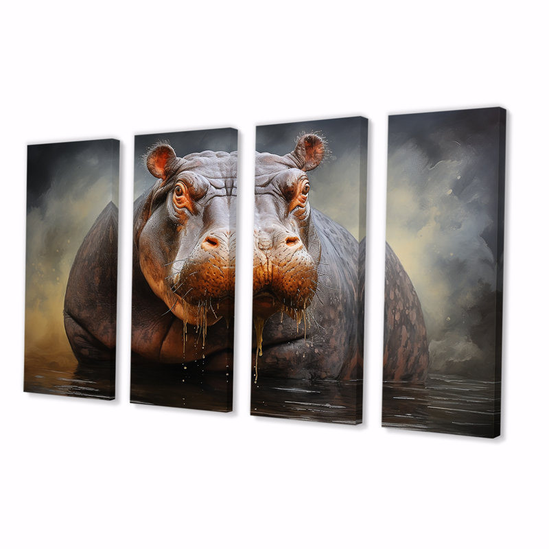 «Grey Majestic Hippo Elegance I - Hippopotamus», ensemble de 4 pièces d'art mural, H 32 po x l 64 po