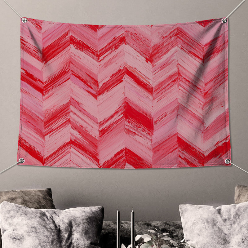 Tapisserie murale rouge à chevrons roses - Décoration murale à chevrons, H 104 po x 88 avec 4 œillets