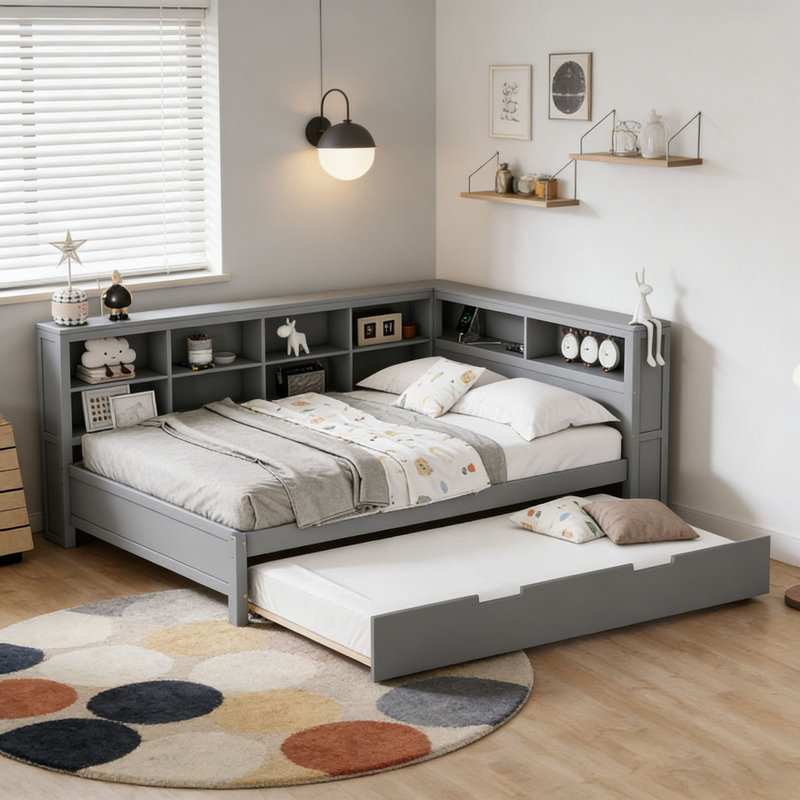 Wooden  Daybed With Twin Size Trundle, Gray, Full