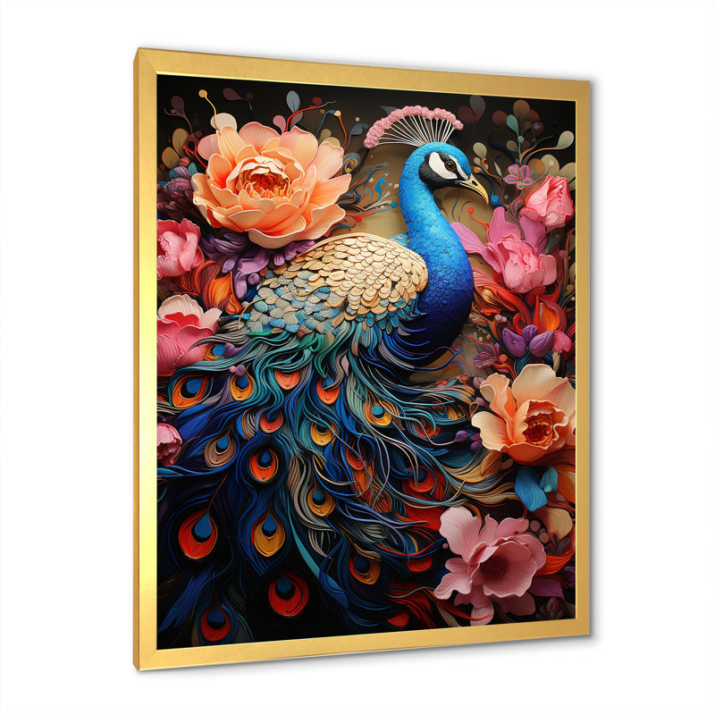 «Majestic Blooming Plumage Peacock III», reproduction sur toile, Cadre photo doré simple, H 32 po x l 24 po x P 1 po