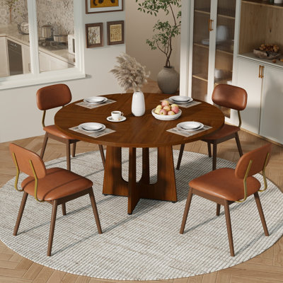 Modern Wooden Round MDF Dining Table Set with Solid Wood Chairs, 47" for Dining Room and Kitchen