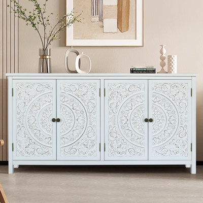 60" Rustic Wood Sideboard Buffet, 4 - Door Accent Chest For Home Organization, Painted Finish, Solid And , Open Storage Antique White Tall Tower Cabinet, Pantry Storage, Generous Capacity