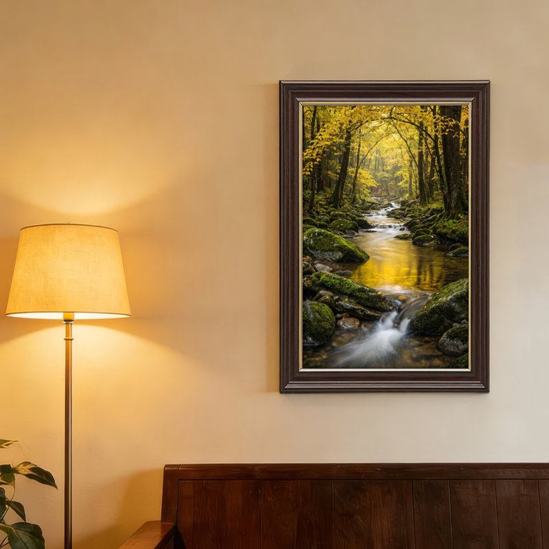 Art mural antique sur toile encadré doré pour le salon, la chambre à coucher, le bureau ou le vestibule - Décoration murale décorative avec ruisseau de forêt