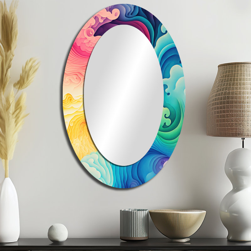Multicolore Swirly Clouds IV - Miroir décoratif abstrait ovale sur métal, 36 po x 24 po