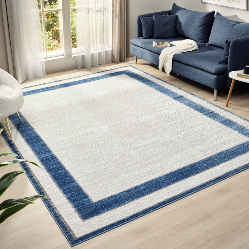 Bunnell Framed Border Area Rug, Ivory/Blue, Rectangle 9'6"x13'